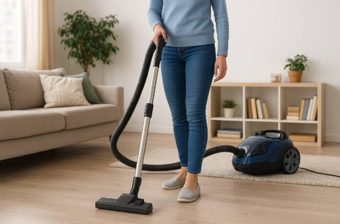 a woman use vacuum to clean floor