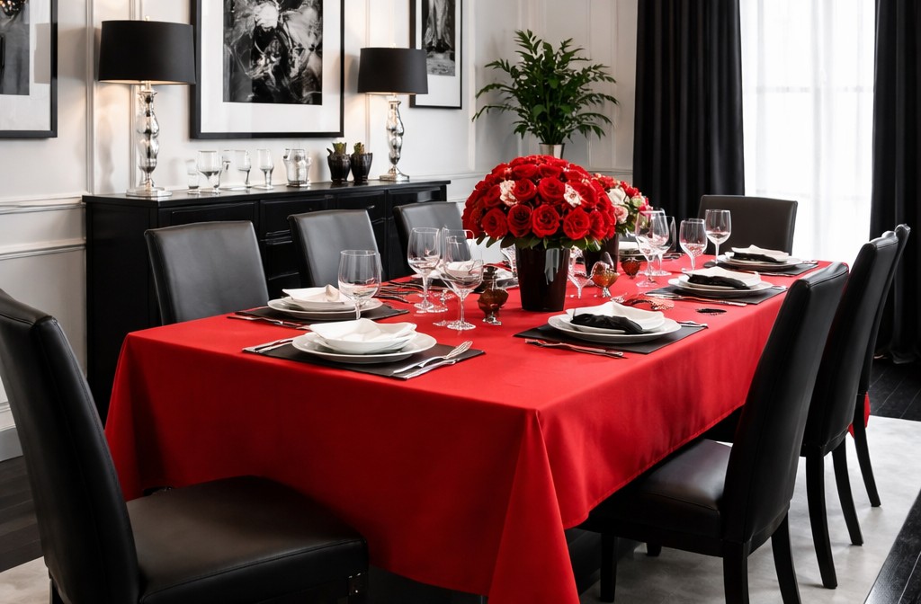 Red Tablecloth Elegance in Black-and-White Homes